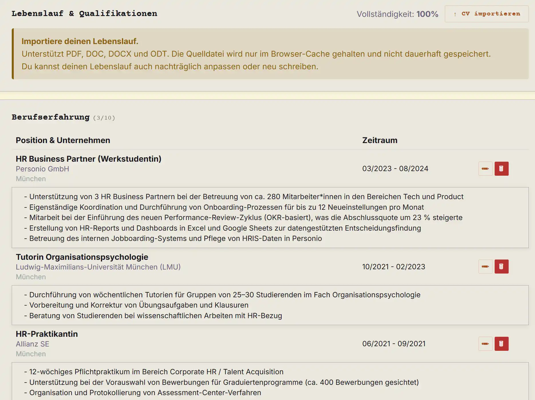 Importiere deinen CV um direkt mit der KI-gestützten Anschreiben Generierung loszulegen. 